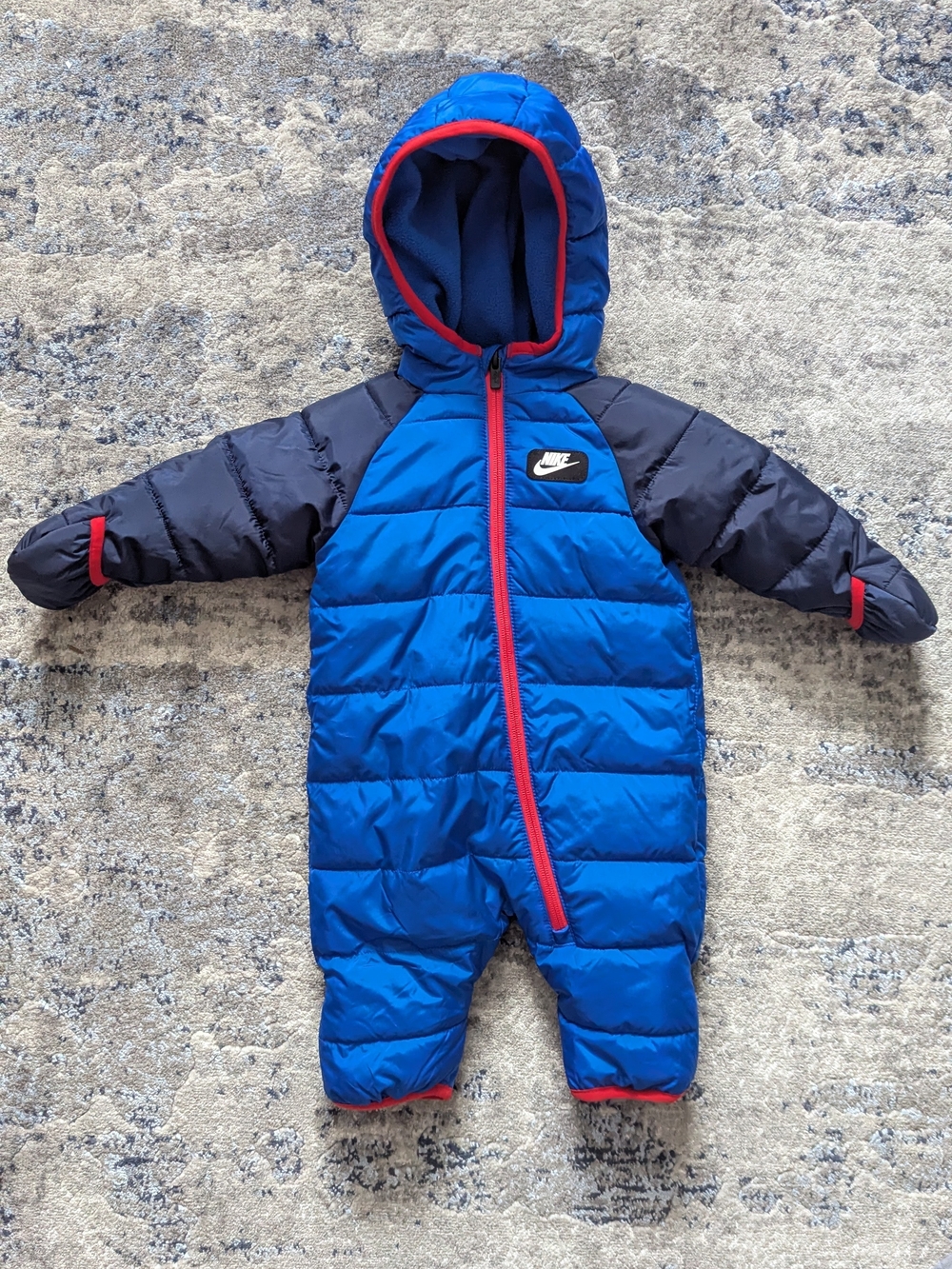 Nike Blue and Navy Infant Puffer One-Piece with Red Trim Size 6 Months